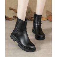 Black Genuine Leather Platform  flat boots