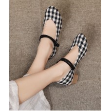 Vintage Buckle Strap Chunky High Heels Plaid Cotton Fabric