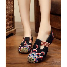 Handmade Black Embroideried Cotton Fabric Flat Shoes