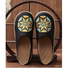 Black Embroideried Cotton Linen Slippers Shoes